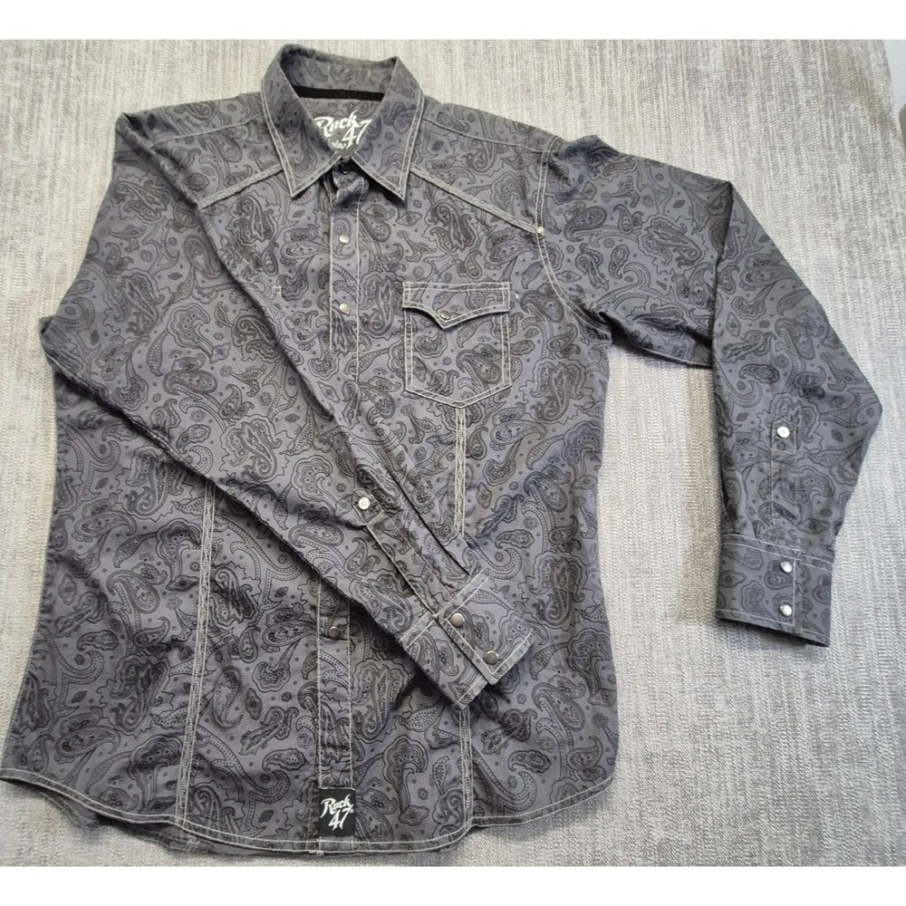 Rock 47 by Wrangler men's LG Gray Western Shirt Paisley Print snap front Cotton